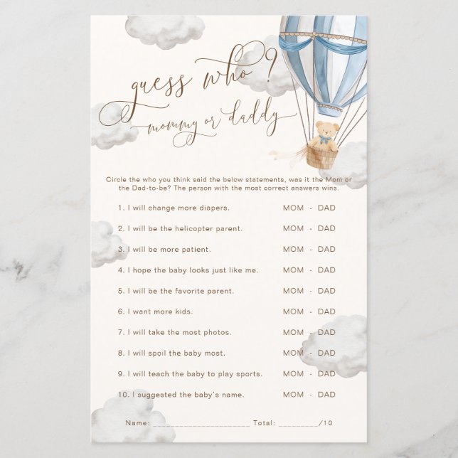 Bearly Wait Blue Guess Who Baby Shower Game (Vorderseite)