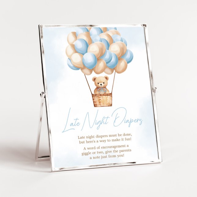 Bearly Wait Blue HotAir Ballon Spate Night Diapers Poster (Boy Baby Bear Balloons Baby Shower Late Night Diapers Sign)