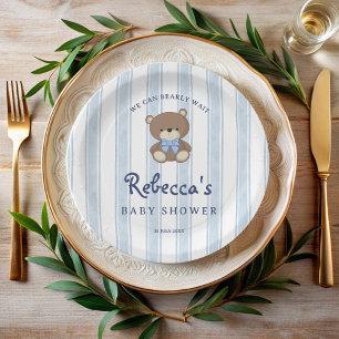 Bearly wait blue Retro Streifen Vintage Babydusche Pappteller