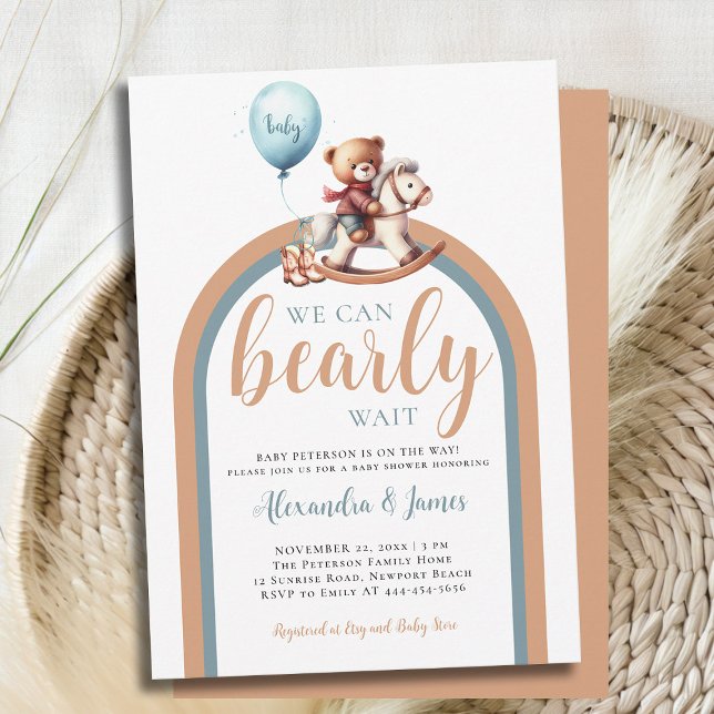 Bearly Wait Boho Arch Bear Rocking Baby Boy Dusche Einladung (we can bearly wait baby boy shower invitation retro boho arch rocking chair balloon brown blue)