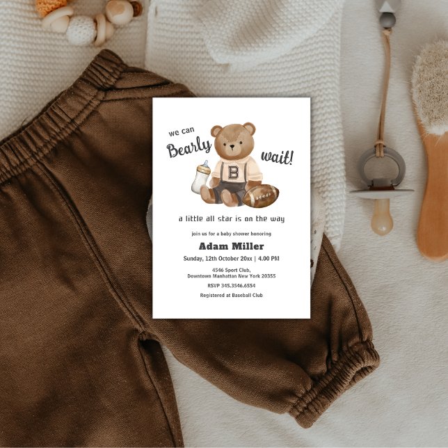 Bearly Wait Football Sport Boy Baby Shower  Einladung (Bearly Wait Football Sport Boy Baby Shower Invitation)