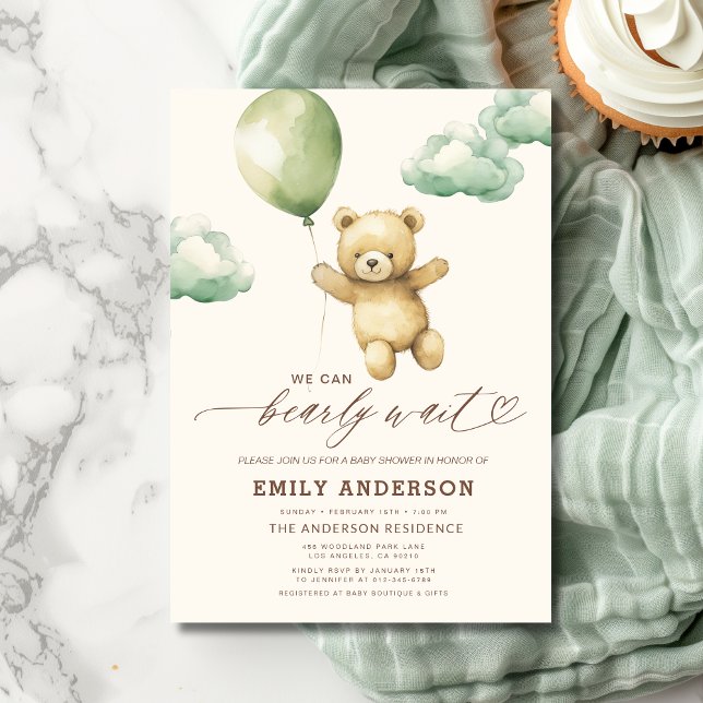 Bearly Wait Gender Neutral Green Baby Shower Einladung (Von Creator hochgeladen)
