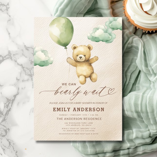 Bearly Wait Gender Neutral Green Baby Shower Einladung (Von Creator hochgeladen)