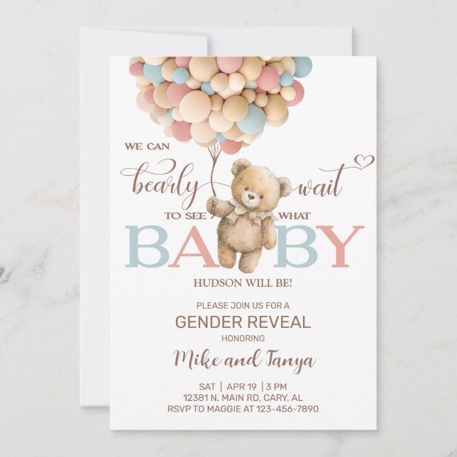 Bearly wait gender reveal invite, bear balloons. einladung (Vorderseite)