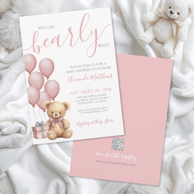 Bearly Wait Girl Pink Bear Baby Shower Einladung (Bearly Wait Girl Pink Bear Baby Shower Invitation)