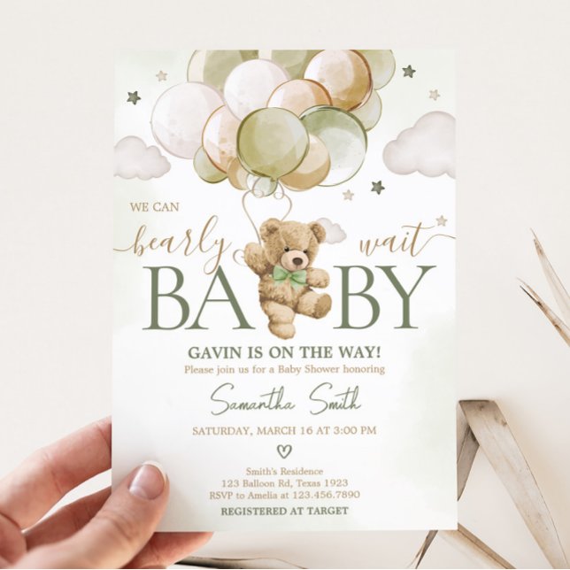 Bearly Wait Green Balloon Baby Dusche Einladung (Gender Neutral Bear Balloons Baby Shower Invitation)