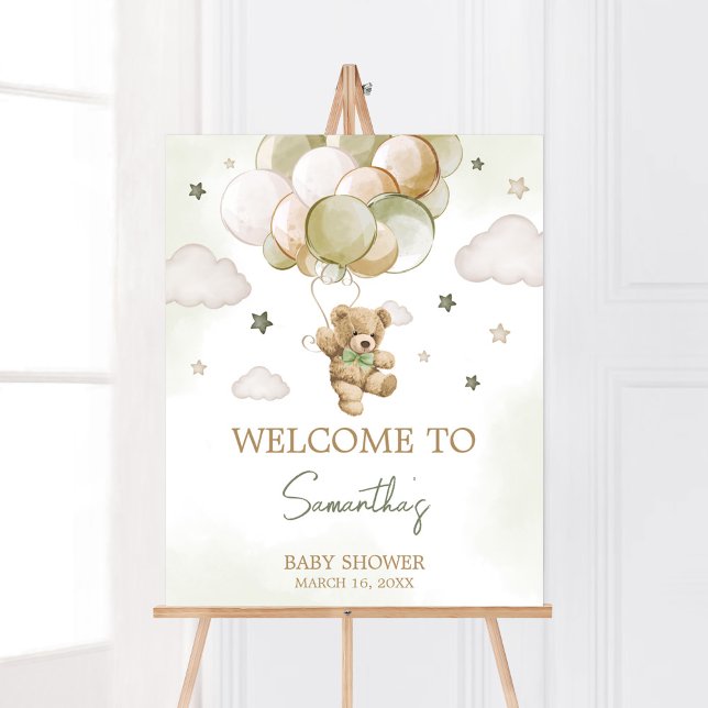 Bearly Wait Green Balloon Willkommen Poster (Gender Neutral Bear Balloons Baby Shower Welcome Sign)
