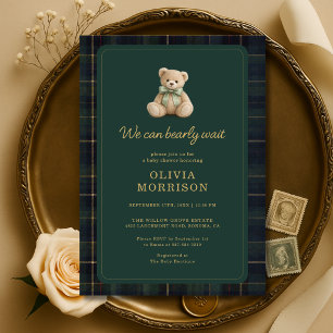 Bearly Wait Grüner Tartan Karierter Baby Shower Einladung