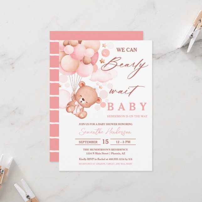 Bearly Wait Hot Air Ballon Babydusche Pink Einladung (Vorderseite/Rückseite Beispiel)