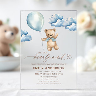 Bearly Wait Neutral Beige & Blue Boy Baby Shower Acryleinladungen