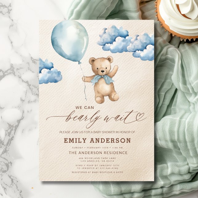 Bearly Wait Neutral Beige & Blue Boy Baby Shower Einladung (Von Creator hochgeladen)