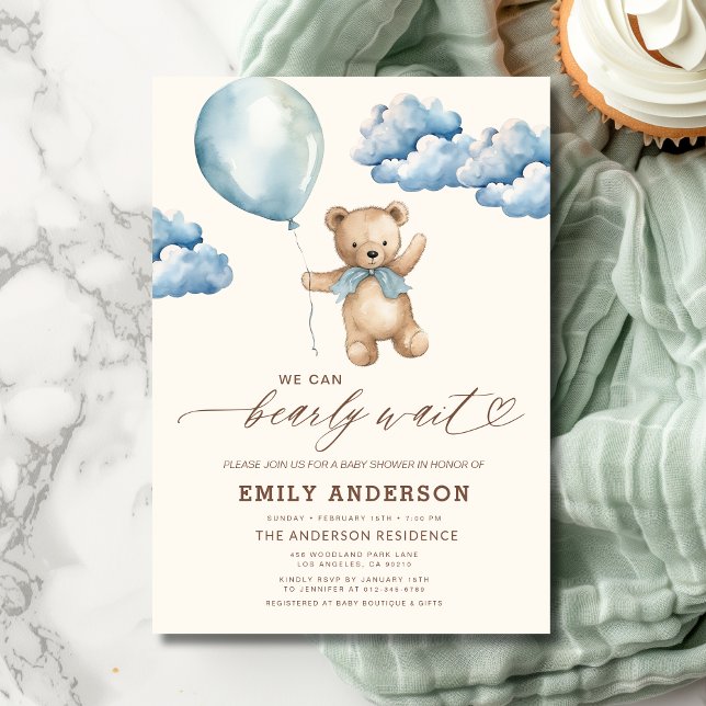 Bearly Wait Neutral Beige & Blue Boy Baby Shower Einladung (Von Creator hochgeladen)