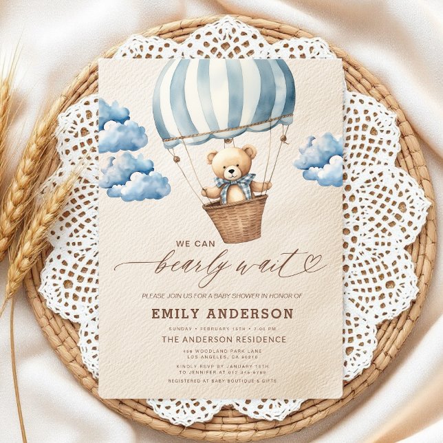 Bearly Wait Neutral Beige & Blue Boy Baby Shower Einladung (Von Creator hochgeladen)