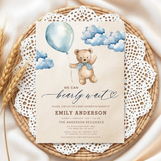 Bearly Wait Neutral Beige & Blue Boy Baby Shower Einladung (Von Creator hochgeladen)
