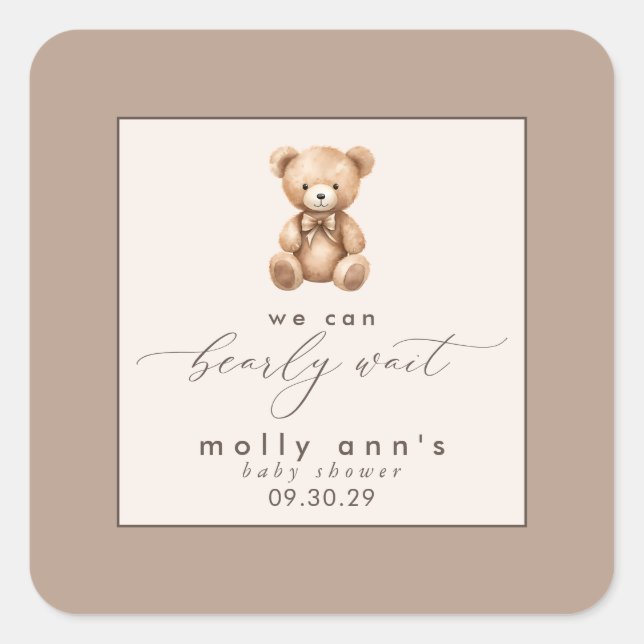 Bearly Wait Neutral Simple Baby Shower Quadratischer Aufkleber (Vorderseite)
