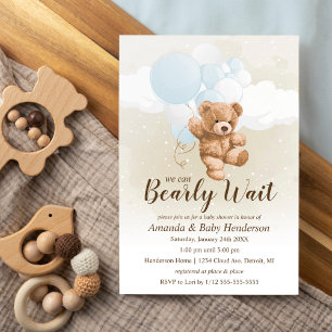 Bearly Wait Neutrale, blaue und weiße Babyparty Einladung