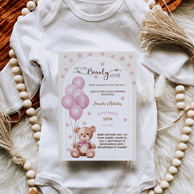 Bearly Wait Pink Boho Watercolor Baby Dusche Einladung (Von Creator hochgeladen)