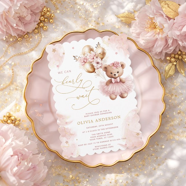 Bearly Wait Pink Teddy Bear Girl Baby Shower Einladung (Von Creator hochgeladen)