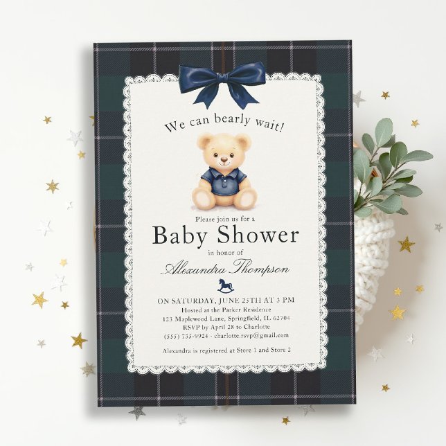 Bearly Wait Polo Bear Plaid Tartan Bow Baby Shower Einladung (bearly wait baby shower invitation traditional classic nursery decor teddy bear bow plaid tartan)