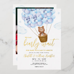Bearly Wait Teddy Bär Blaue Jungen-Foto-Baby-Party Folieneinladung
