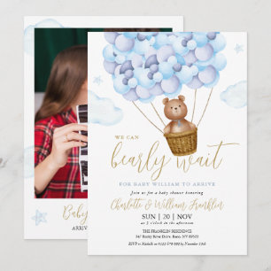 Bearly Wait Teddy Bear Blau Junge Foto Baby Shower Einladung