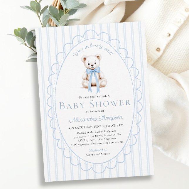 Bearly Wait Teddy Blue Stripes Bow Baby Shower Einladung (bearly wait baby shower invitation traditional classic nursery decor blue stripes teddy bear bow )