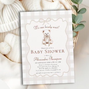 Bearly Wait Teddy Bow Neutrale Gingham-Baby-Party Einladung