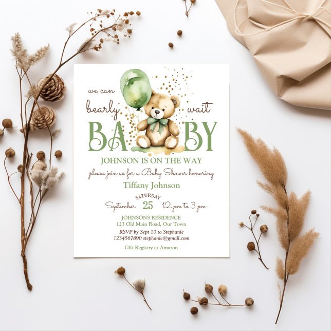 Bearly wait Teddy Green Baby Dusche Budget einlade (Bearly wait teddy bear themed baby shower budget invitation template sage green brown themed balloon)