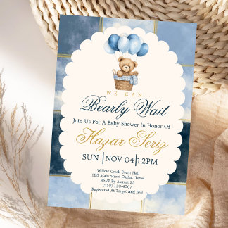 Bearly Wait Teddybär-Ballon Blau Baby Shower Einladung