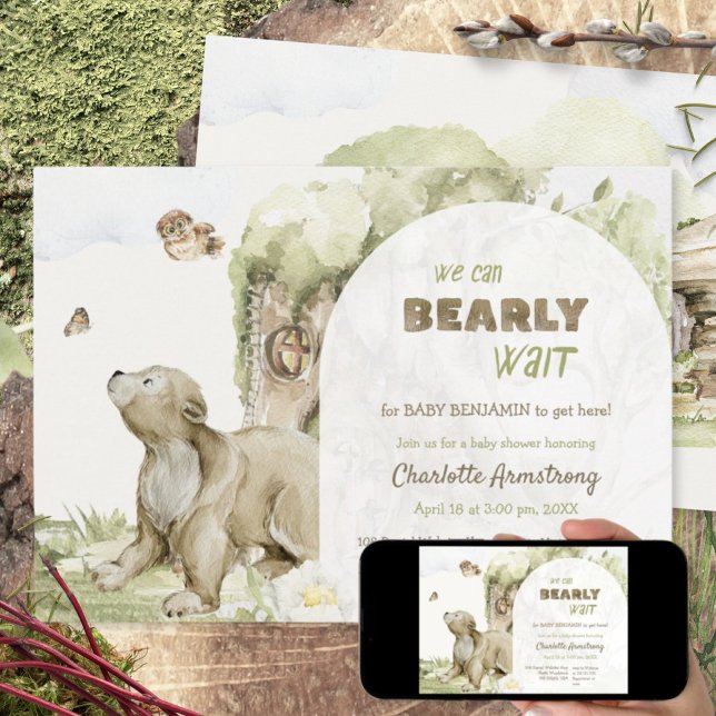 Bearly Wait Woodland Bear Baby Shower Einladung (Bearly Wait Woodland Bear Baby Shower Invitation ©Susanne Sachers - Sunny Mind 🌞)