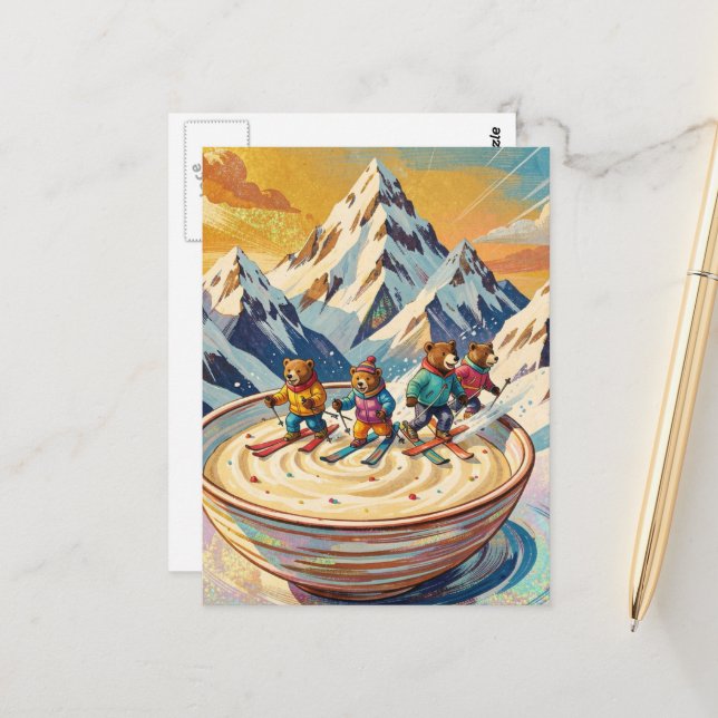 bears ski to a bowl of porridge  postkarte (Vorderseite/Rückseite Beispiel)