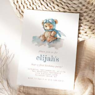Beary 1. Geburtstag Blau Wasserfarbe Teddybär Einladung