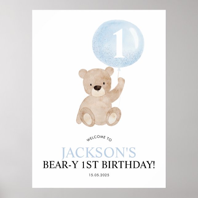 Beary 1. Geburtstag Blauer Bär Begrüßungszeichen Poster (Vorne)