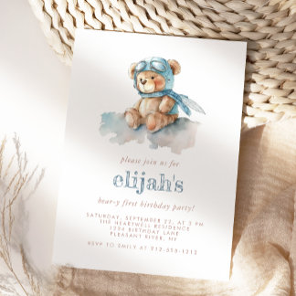 Beary 1. Geburtstag Blue Watercolor Teddy Bear Einladung