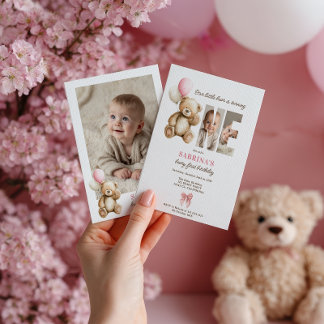 Beary 1. Geburtstag Teddy Bear Foto Pink Ballon Einladung