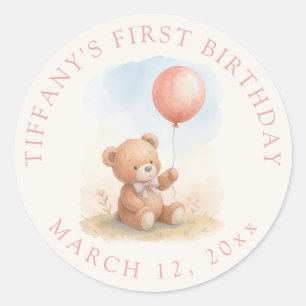 Beary 1. Mädchen-Geburtstag Süßer Teddybär-Ballon Runder Aufkleber