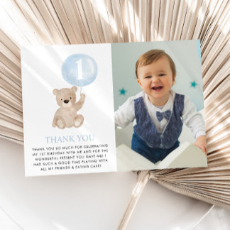 Beary 1st Birthday Bear Blue Balloon Foto Flat Dankeskarte