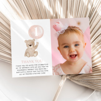 Beary 1st Birthday Bear Pink Ballon Foto Flat Dankeskarte