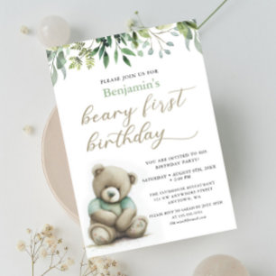 Beary 1st Birthday Watercolor Teddy Bären Blätter Einladung