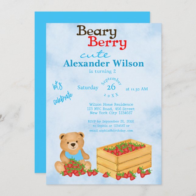 Beary Berry Niedlich Blue Cub's Strawberries Gebur Einladung (Vorne/Hinten)