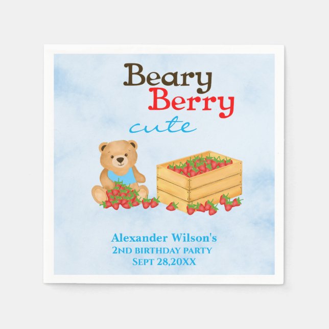 Beary Berry Niedlich Strawberry Cub Boy Birthday P Serviette (Vorderseite)