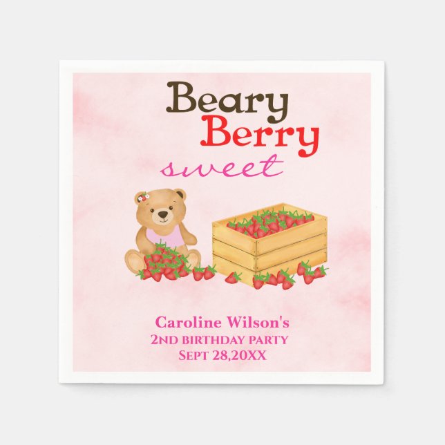 Beary Berry Sweet Strawberry Cub Girl Party Serviette (Vorderseite)