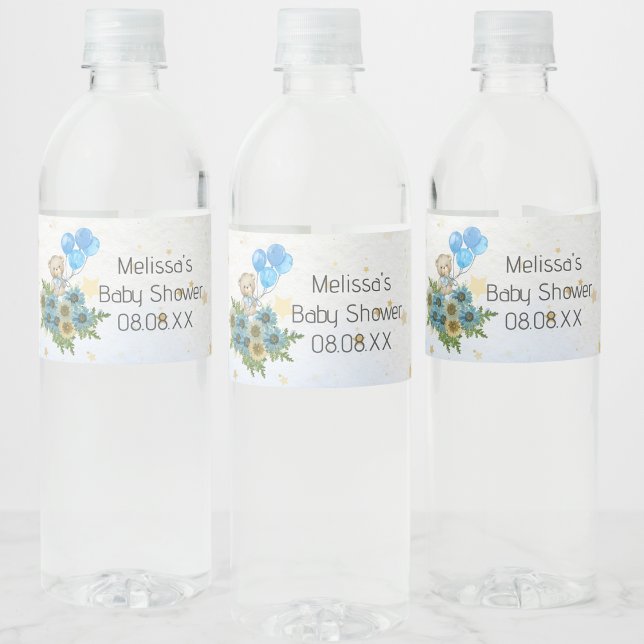 Beary boho Regenbogenbär blauer Ballon Wasserflaschenetikett (Von Creator hochgeladen)