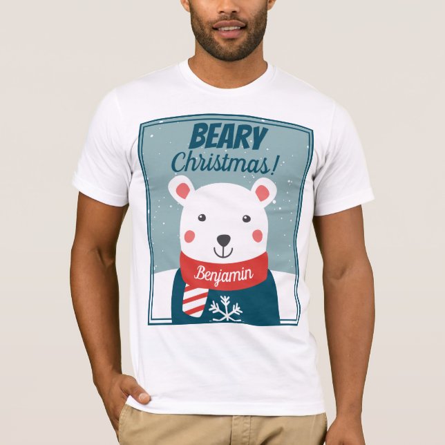 Beary Christmas niedlicher Cartoon Eisbär mit Name T-Shirt (Vorderseite)