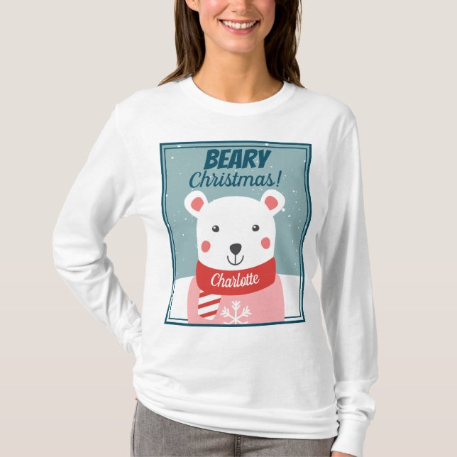 Beary Christmas niedlicher Cartoon Eisbär mit Name T-Shirt (Vorderseite)