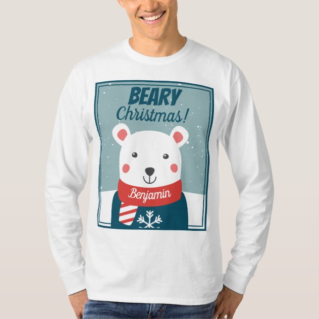 Beary Christmas niedlicher Cartoon Eisbär mit Name T-Shirt (Vorderseite)