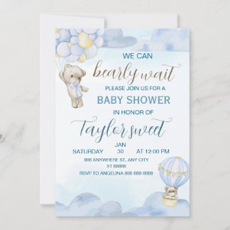 Beary Cute Blue Teddy Bear Baby Shower Invitation Einladung