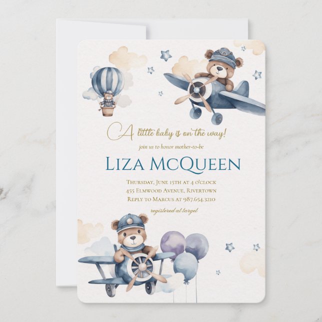 Beary Cute Pilot baby shower invitation Einladung (Vorderseite)
