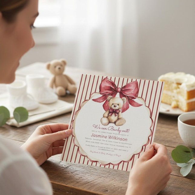 Beary Cute Teddy Bear Bow Baby Shower Einladung (Von Creator hochgeladen)