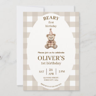 Beary Erste Geburtstagseinladung Gingham Editierba Einladung